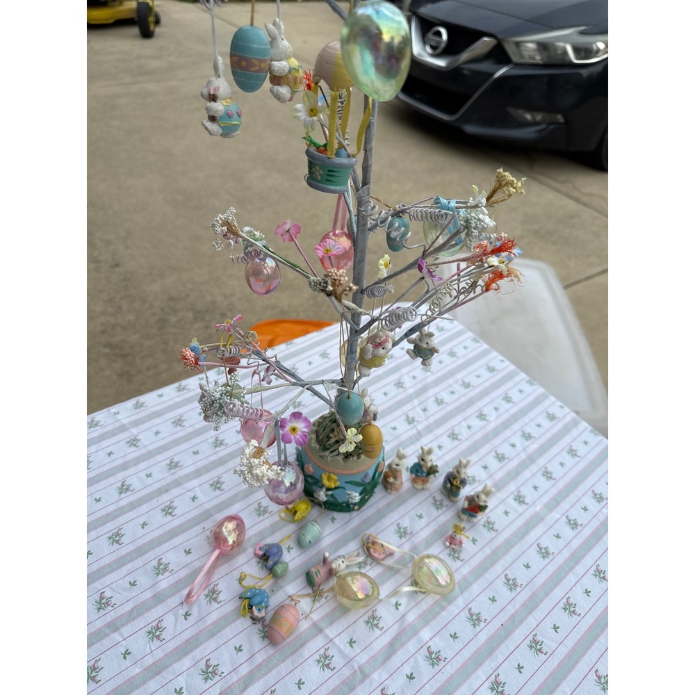 Vintage Easter Egg Tree Centerpiece Bunny Figurines Ornaments 18" Spring Decor